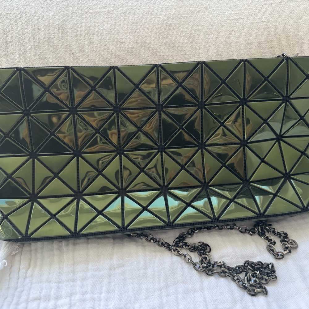 Issey Miyake Olive Green Geometric Clutch with Chain